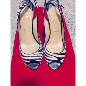 Authentic Christian Louboutin Calf Hair Zebra Slingback 100 peep toe pumps